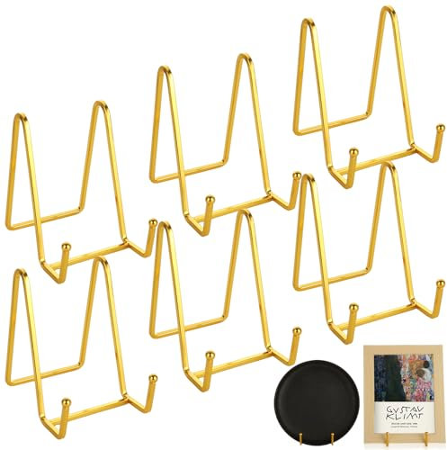 Oungy 6 Pack Gold Plate Stands for Display, 4.5 Inch Metal Frame Stands, Plate Holder Easel Display Stand, Tabletop Picture Stand for Photo Frames, Pictures, Books, Decorative Plates, Records