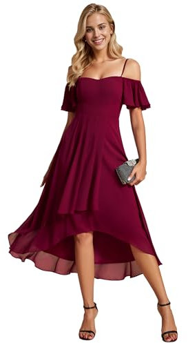 Abendkleider Damen Elegante Sommerkleider Midi A-Linie Kleid Sling Chiffon Hochzeit Gastkleider Brautjungfer Kleider Kurz Burgund 40