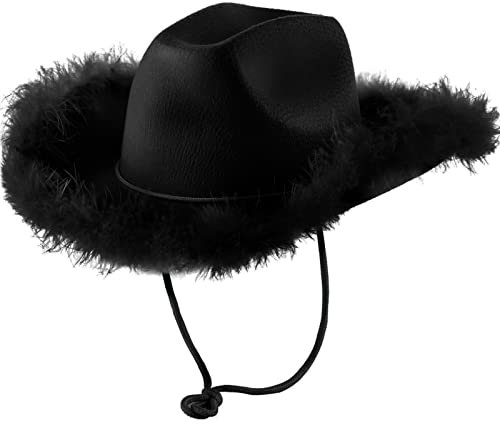 Couvre-casque de ski avec plume - Bord en plumes moelleux - Taille adulte - Chapeau de cowboy avec plumes pour fête costumée - Tenue pour femme - Chapeau de paille 54 garçon, Noir , taille unique