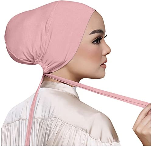 Frauen Undercap Hijab Unterschal Hijab, Islamische Muslimische Unterschal Hijab Cap mit Tie Back Closure Solid Color Unter Schal Hijab Mütze Turban Kopfbedeckung Chemo Kopftuch Schlafmütze Rosa