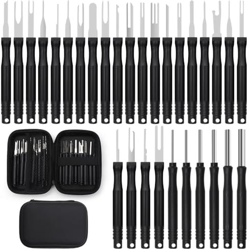 Aoyswuz Lot de 30 Terminal Removal Tool kit Outil Manche Long Outil D'extraction de Bornes, Outil de Démontage de Voiture de Câblage avec Sac à Outils pour la Plupart des Bornes de Raccordement