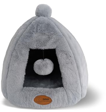 PATAM Hundehütte für Hunde und Katzen, rutschfest, aus weichem Plüschstoff, waschbar, Design mit Kugel, Igloo Grau, 43 x 43 x 43 cm