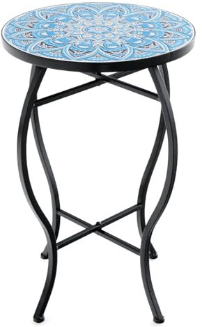 Multigot Garden Side Table, Metal Frame Mosaic Round Coffee Table with Ceramic Tile Tabletop, Outdoor Bistro Accent End Table Plant Holder Stand for Patio Balcony Lawn (Sky Blue)