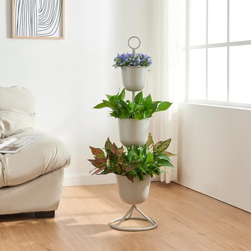 [en.casa] Soporte para Plantas Organizador de Macetas con 3 Maceteros Incluidos Portamacetas con Base Circular para Hogar y Oficina Metal 110xØ28cm - Gris Claro
