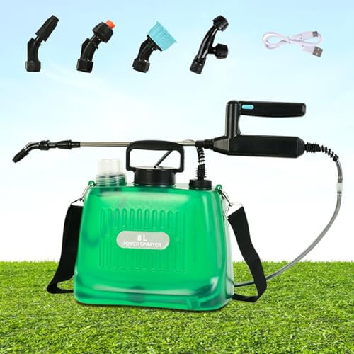JAOGAUS Spruzzatore elettrico a pressione, 8 l, spruzzatore elettrico per giardino, a batteria, con 4 ugelli per nebbia, manico ricaricabile USB, asta telescopica, spruzzatore d'acqua con tracolla
