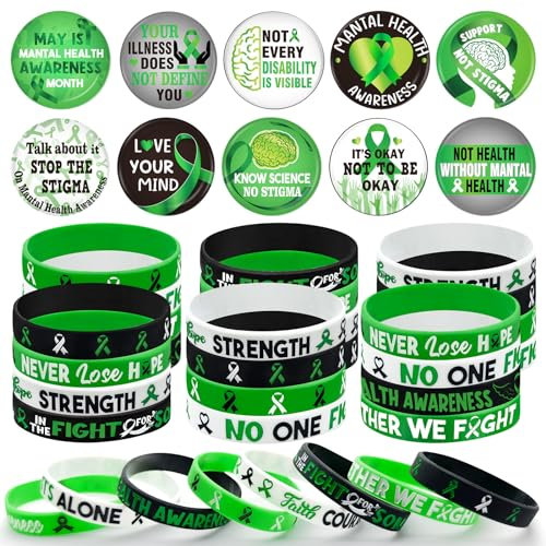 Cinrobiye 60 Stück Zubehör für psychische Gesundheit, 30 grüne Bänder und 30 motivierende Knopfnadeln, Geschenk für psychische Gesundheit, Monatsgeschenke für Teenager und Erwachsene, Partygeschenke