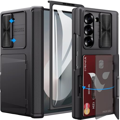 Vihibii für Samsung Galaxy Z Fold 6 Hülle mit Kartenhalter & Kameraschutz & Scharnier Schutz & Displayschutzfolie, Stoßfeste Schutzhülle Robuste Case Cover Handyhülle für Samsung Z Fold 6, Schwarz