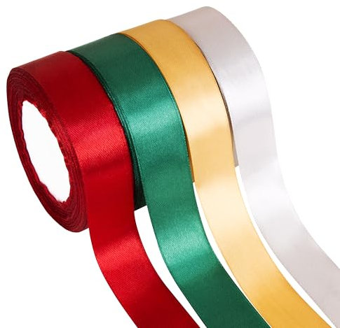 Fyshird Geschenkband Bunt 25mm*22m Satinband Schleifenband Polyester Bänder zum Basteln Dekoband für Luftballons Hochzeit Deko Geschenkverpackung Geburtstag DIY (Gold, Rot, Grün, Silber)
