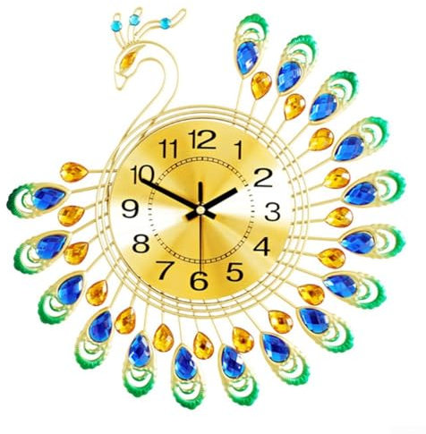 ZYWUOY Goldene Metall Kristall Wanduhr Elegante Pfau Kunst Leise Ticken 3D