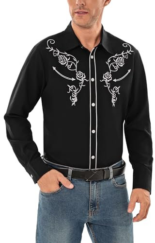 Sykooria Men's Cowboy Shirts Long Sleeve Floral Embroidery Western Shirts Vintage Casual Regular Fit Button Down Shirts, Ink Black M