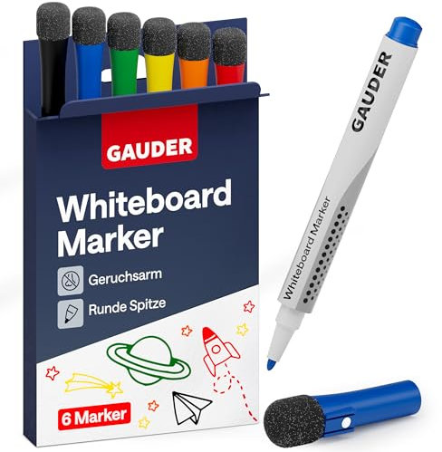 GAUDER Whiteboard Marker Set (6 Stück), Schule Zubehör | Whiteboard Stifte (6 Farben) | trocken und rückstandsfrei abwischbar | Dry Erase Marker mit Schwamm ideal für Whiteboards und Magnettafeln