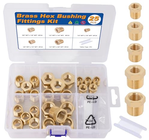 KOOTANS 25PCS Brass Hex Bushing Kit Brass Pipe Fittings 1/4 to 1/8 NPT, 3/8 to 1/8NPT, 3/8 to 1/4NPT, 1/2 to 1/4NPT, 1/2 to 3/8NPT Reducer Pipe Adapter Fitting