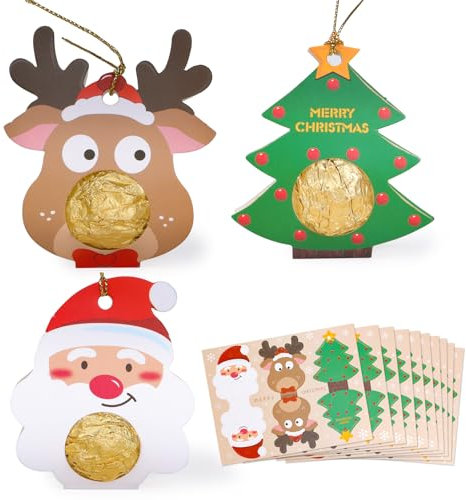 GEBETTER 30Pcs 3 Modelos Adornos Colgantes Papel Árbol Navidad Dulces Bombones Chocolates Caramelos Chuches Golosinas Redondas Papá Noel Reno Árbol Navideño Hilos Dorados Decoración Regalo Niños
