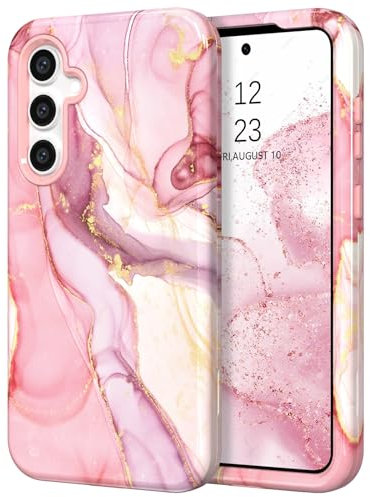 YINLAI for Samsung Galaxy S24 FE Case Marble Pattern 3 in 1 Full Body Rugged Hard PC Back Cover Bumper, Soft Silicone Drop Shockproof Protection Case for Samsung Galaxy S24 FE 5G 6.7, Rose Pink