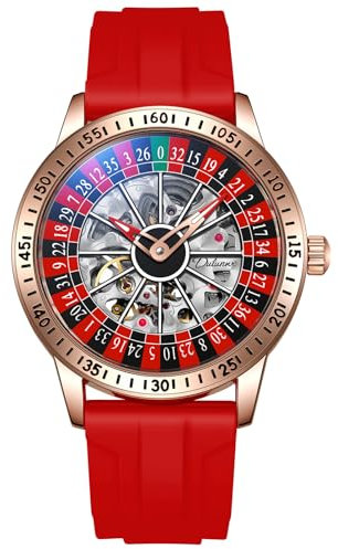 Herren-Armbanduhr, automatisch, mechanisch, Skelett, hohl, wasserdicht, leuchtend, Edelstahlband, selbstaufziehend, Roulette-Rad, Business-Casual-Armbanduhr, Rotes Silikon, Modisch, stilvoll, lässig