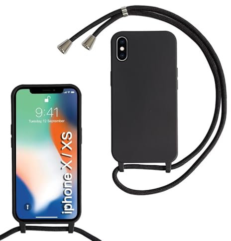 xinyunew Handykette für iPhone X/iPhone XS Hülle mit Band, Handyhülle mit Schnur zum Umhängen, weiche TPU Silikonhülle mit Band [abnehmbar] Halskettenhülle für iPhone X/iPhone XS-Schwarz