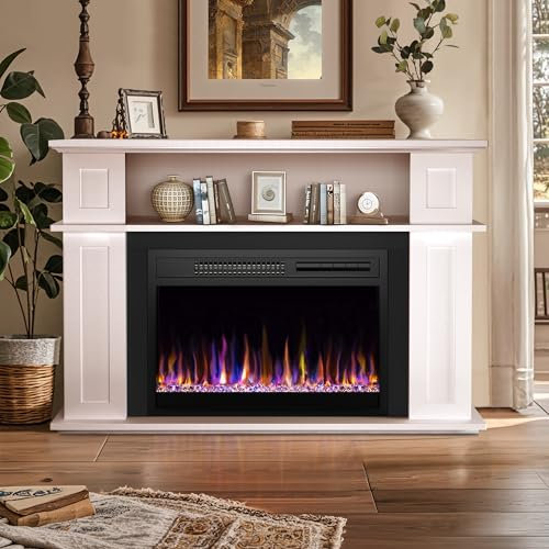 CUOZOVA Electric Fireplace and Surround White Electric Fireplace 23 inch Heating Insert Fireplaces with Timer and 12 Flame Colors and Remote Control Modern