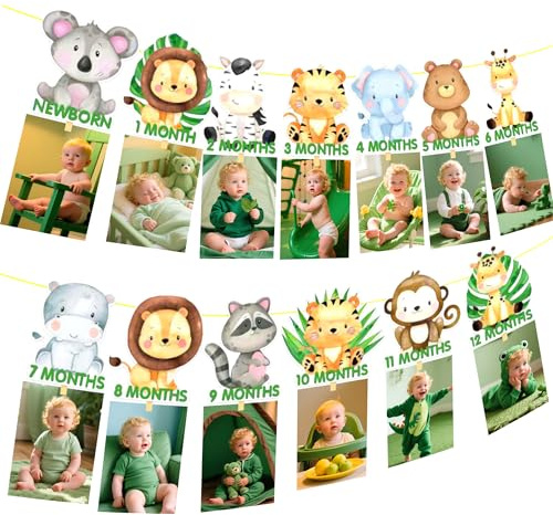 Jungle Animal 1st Birthday Decor 12 Months Photo Banner Wild One Decorations Safari Animals Theme Milestone Party Supplies
