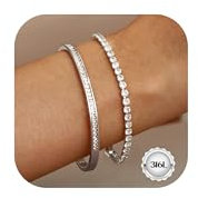 CASSIECA 2 Stück Armband Damen Schmuck Silber - Kristallen Tennis Armband Cubic Zirkonia Armreif für Frauen, Wasserfester Tennisarmband Edelstahl Armbänder Set Geschenke für Damen 16.5cm