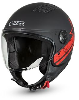 Cruizer Casco Jet Moto Scooter Omologato ARIES Visiera Singola Nero Opaco Stella Rossa (S)
