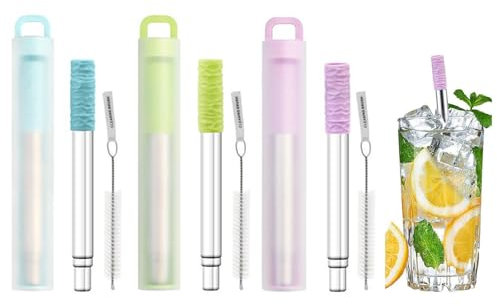 3-Pack Stainless Steel Straws with Silicone Tip Reusable Stainless Steel Straws | Travel-Friendly Metal Drinking Straws with Case & Cleaner | Eco Straws for Smoothies, Cocktails & Hot Drinks