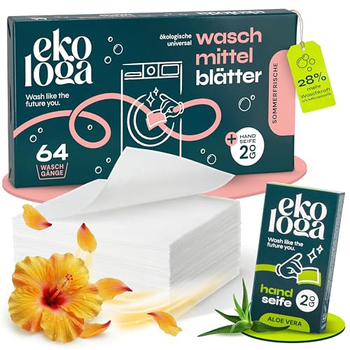 Ekologa Waschmittelblätter - Vegane, Biologisch abbaubare & Plastikfreie Waschstreifen - Ohne Phosphate & Chemikalien - Sanft zur Haut - Für alle Wäschearten (64 Stk. + Handseife)