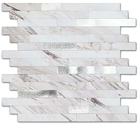 Yipscazo 10 Blätter Peel und Stick Stein Metall Fliese Backsplash, PVC Wandfliesen, Stick auf Fliesen für Backsplash Küche In Weiß