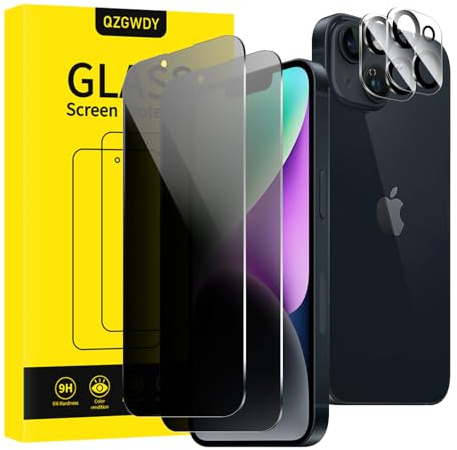 QZGWDY Privacy Screen Protector for iPhone 14, 2 Tempered Glass Film + 2 Camera Lens Protector, Bubble-Free, Durable, 9H Hardness