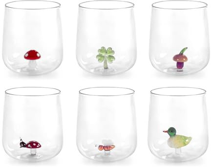 H&H, Set 6 Bicchieri in Vetro Borosilicato 46 cl con Miniature Interne Assortite – Fungo, Quadrifoglio, Coccinella, Ape, Anatra, Ghianda – Lavabili in Lavastoviglie