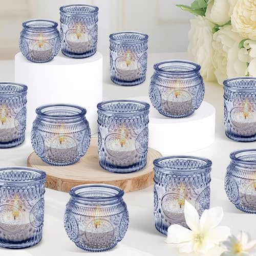 36 er Set Teelichthalter aus blauem Glas, Kerzenhalte für Hochzeit Windlicht Vintage Teelichtgläser für Tischdeko, Taufe, Konfirmation & Party