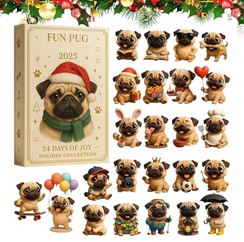Fun Pug Adventskalender 2026, 24 Tage 2D Acryl Hundeornamente, Weihnachts Countdown Kalender, Niedliche Tiere Mops Countdown Kalender Für Kinder Erwachsene Hunde Liebhabeer, Erwachsene, Hundeliebhaber