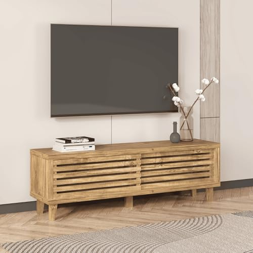 Home Source Sliding Door TV Cabinet – Modern Mango Oak TV Stand with Cable Management – Wooden Media Unit for Living Room with Storage Shelves – Durable MDF & Particle Board TV Unit for Flat Screens
