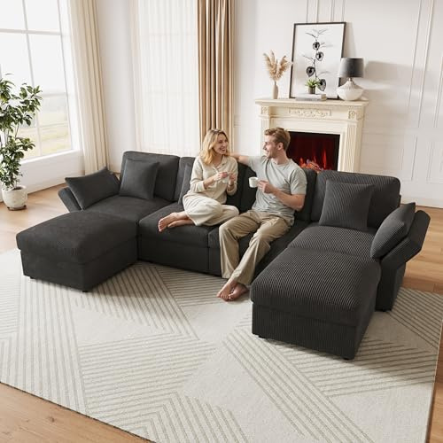 Bladez U-förmiges Ecksofa Modular Cord Sofa mit Schlaffunktion, 4 Sitzer Wohnlandschaft mit verstellbaren Armlehnen & Hockern, Modern Großes Sofa für Wohnzimmer (Grau-U-Cord)