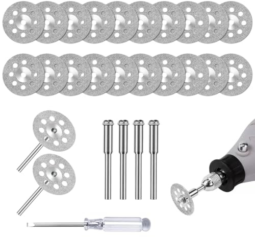 TILONKJ Jeu de Disques Diamantés 22 mm,20 Mini Disques Diamantés pour Outil Rotatif,avec 4 Mandrins et 1 Tournevis Inclus,pour Pierre,Verre,Carrelage,Céramique,Plexiglas et Bijouterie
