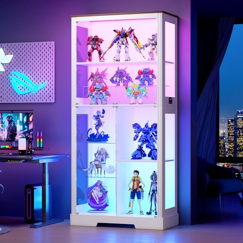 Gurexl Dynamische RGB Glasvitrine mit LED Beleuchtung und Bewegungsmelder,Vitrinenschrank mit 2 Verstellbare Glasböden,Glas Vitrine Weinschrank mit Abschließbarer Glastür für Wohnzimmer,Bar,Weiß