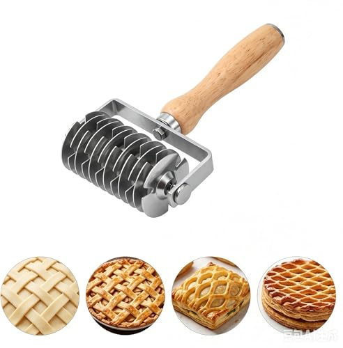 KOSLEOW Rullo Tagliapasta in Acciaio Inossidabile con Manico in Legno, Rotella per Pasta Fresca, Griglia per Crostata, Taglia Sfoglia per Tortellini e Biscotti (130mm x 190mm)