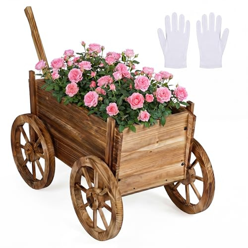 GOPLUS Brouette à Fleur en Bois Décorative, 78x45x72 CM, Jardiniere Balcon Forme Brouette avec Poignée Réglable,Bac de Plantation, Trous de Drainage pour Fleur, 4 Roues, Charge 20KG, Café