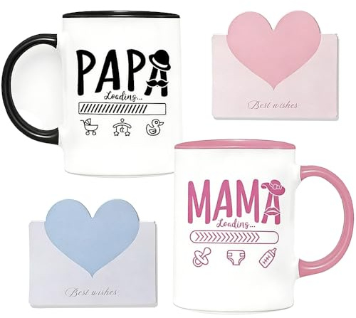 KQWVZ Mama und Papa Tassen Set with 2 Grußkarte, Neue Papa Mama Tassen Set, Geschenk werdende Eltern, 350ml Tassen für Schwangerschaft verkünden, Baby Shower, Valentinstag & Jahrestag