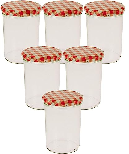 mikken Haushaltswaren - 6 x großes Marmeladenglas/Einmachglas 440 ml mit Deckel, Twist-Off Gläser Set in Sturzform -als Einweckgläser, Vorratsdosen etc. verwendbar (inkl. Beschriftungsetiketten), Rot