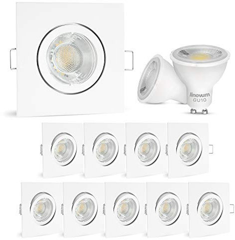 linovum® LED Einbauleuchten 10er Set eckig weiß schwenkbar - Einbau Spotlight 230V mit 2W GU10 Lampe warmweiß inkl. Fassung