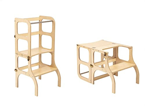 Klappbarer Lernturm mit Sitzfunktion, 45 cm Stehhöhe, Step’n’Sit, Lernturm mit Sitz und Tisch umklappbar, Birkenholz, UV-Lackiert, Holz mit Gold Beschlägen