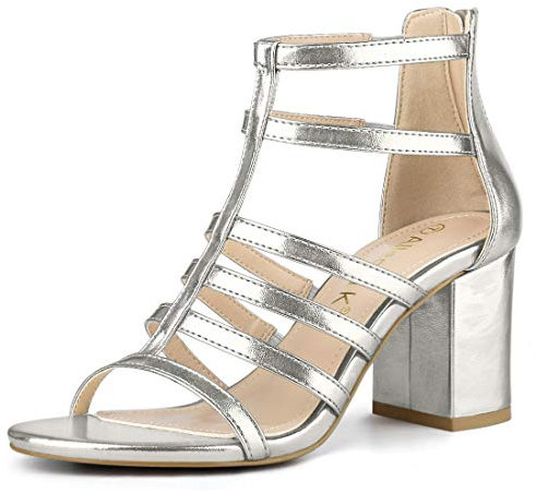 Allegra K Römersandalen mit Riemchen und klobigem Gladiator-Absatz für Damen Silber Weiss 40