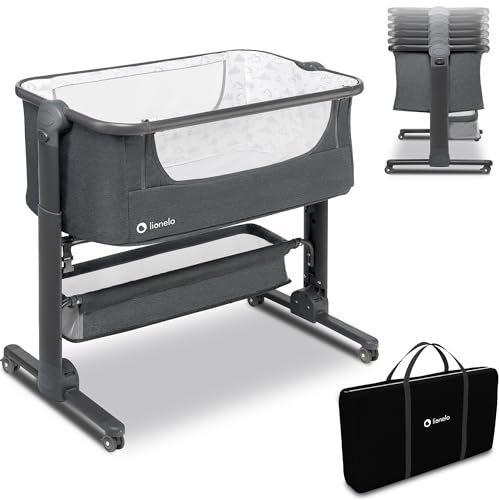 Lionelo Timon Beistellbett Baby, Reisebett Baby ab Geburt bis 9 kg, Neigungsoption, 6 stufigen Höhenverstellung, aufrollbare Seitenwand, Trasporttasche, zusammenklappbar