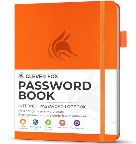 Clever Fox Passwortbuch mit Registerkarten - Adress- und Passwort-Organisationsbuch mit alphabetischen Registerkarten - Kleines Passwortbuch für Computer- und Website-Logins, Orange