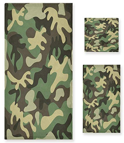 Camuflaje Militar Verde Juego de Toallas para Baño Playa 100% Algodón de Piscina Toalla (1 Toalla de Baño y 1 Toalla de Mano y 1 Paño de Lavado) para Nadar Hotel Niñas Niños Niños