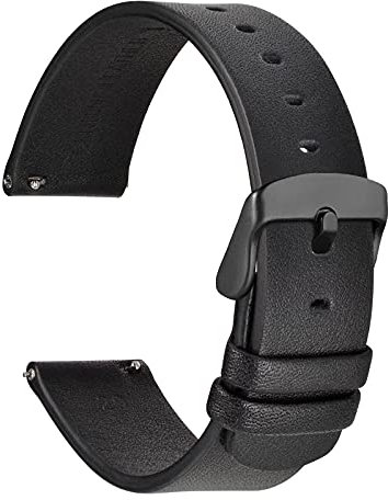 WOCCI 20mm Dünne Flache Leder Uhrenarmband für Smartwatch mit Schwarze Schnalle (Schwarz)
