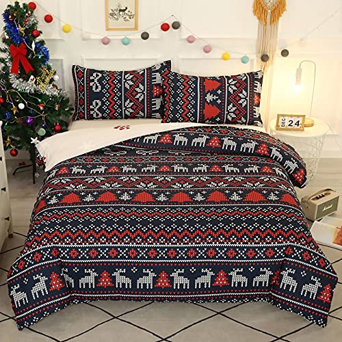 Vgzsyomqib Parure de Lit Noël Imprimée Set 1 x Housse de Couette 200x200 cm avec 2 Taies d'oreiller 50x75 cm pour 2 Personnes Microfibre Sets Housses Couettes Linge Lit Enfant Adulte Rouge Marine 02