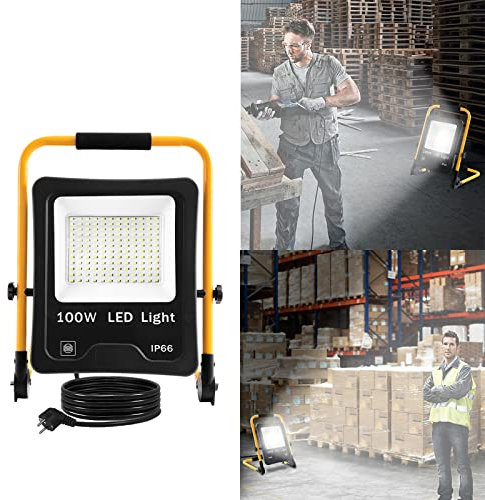 YRHome 100W LED Fluter Flutlicht Kaltweiß mit Stecker Baustrahler Scheinwerfer + Gelb Stativ Baulampe Wasserdicht IP66 Außenbereich Innen Garten Garage