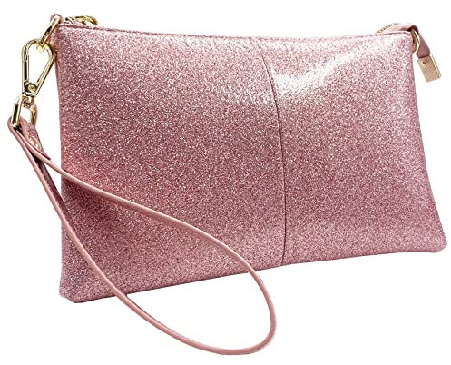 Beurlike Portefeuille en cuir avec dragonne pour femme, petits sacs à bandoulière pour téléphone, Paillettes or rose, Tendance