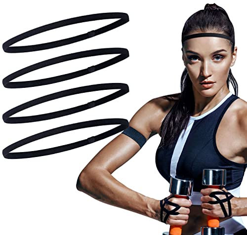 Sumind 4 Stück dicke, rutschfeste, elastische Sport-Stirnbänder für Herren, dünn, Fußballhaarbänder für Damen (schwarz)